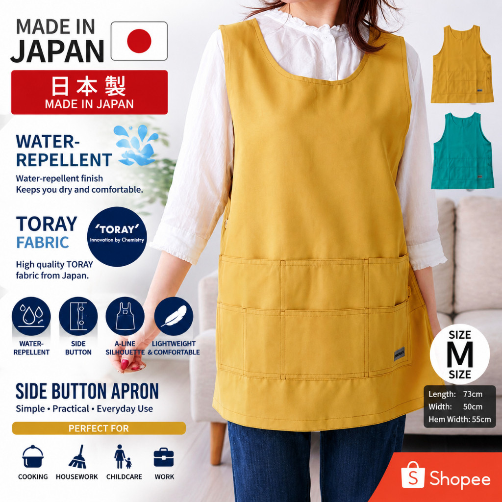 Japanese Made Water-Repellent Apron TORAY Fabric Side Button A-Line Simple Plain Apron