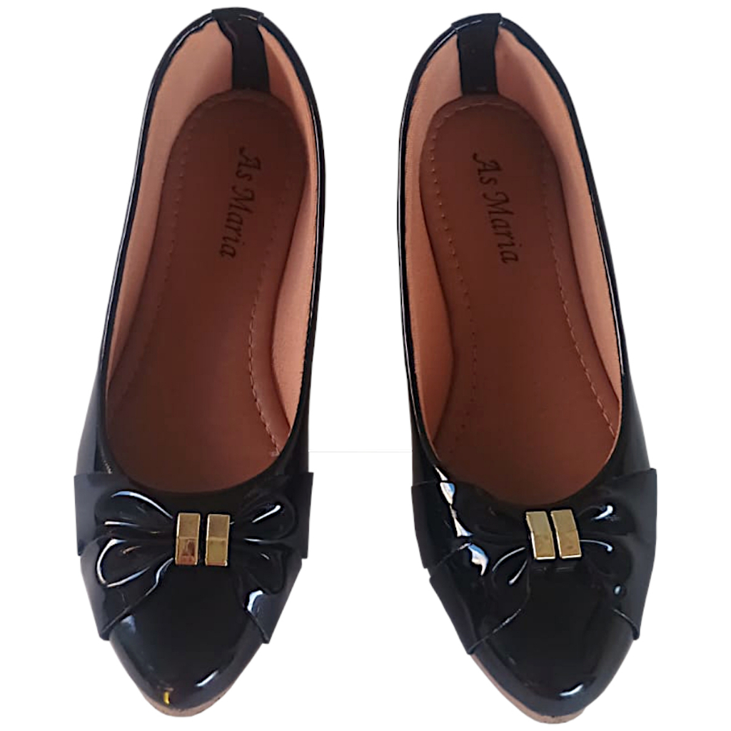 Sapatilha Feminina Verniz Preto Bico Fino Confortável Elegante Moda Casual Social Trabalho Dia a Dia
