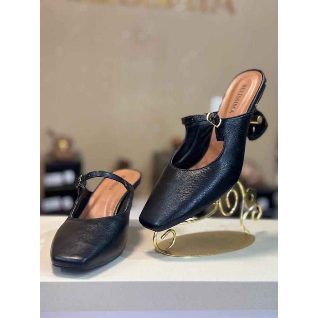 Sapato Mule Feminino Estilo Mary Jane Preto Texturizado Bico Quadrado - Marca Belíssima | Clássico e Confortável