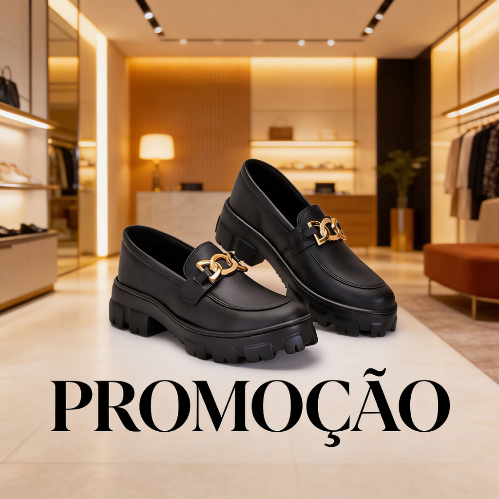Mocassim Feminino Tratorado Preto com Corrente Dourada Salto Médio Confortável Moda