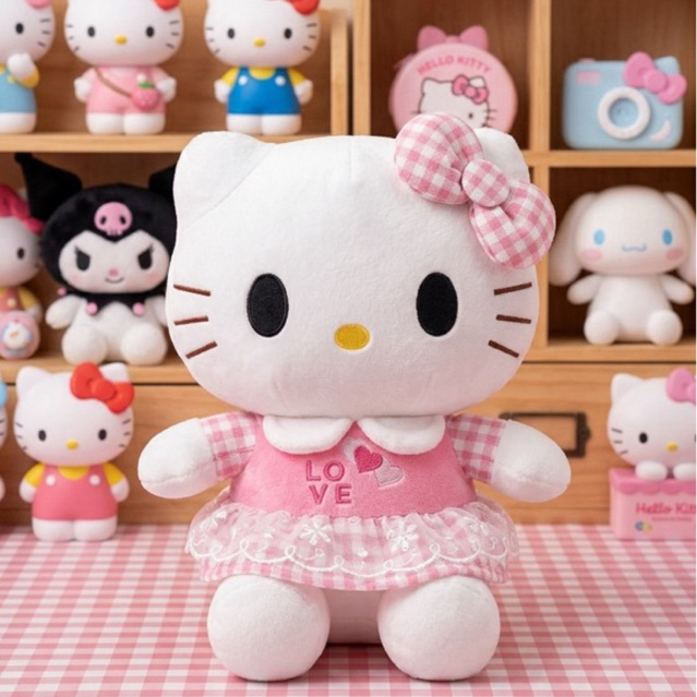 Hello Kitty Pelúcia Fofa Macia Plush Kawaii Sanrio Anjinho Anime Japonês Ícone retro Baby 30cm Rosa Xadrez Love