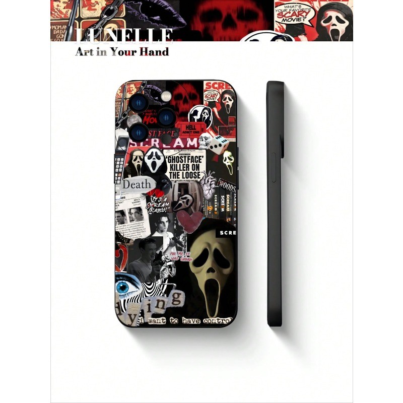 1pc Clear Horror Movie Theme Case With Scream Ghostface And Death Elements Pattern, Electroplated Cream Wave Phone Case