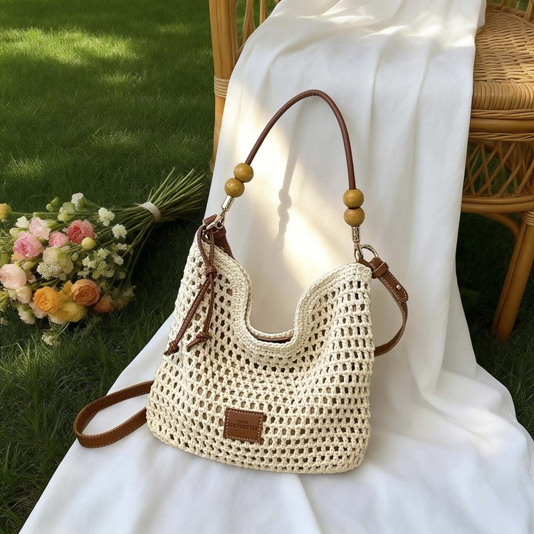 Bolsa de praia de verão 2026 elegante, bolsa de mão feminina tecida com forro de tecido, malha Tx18