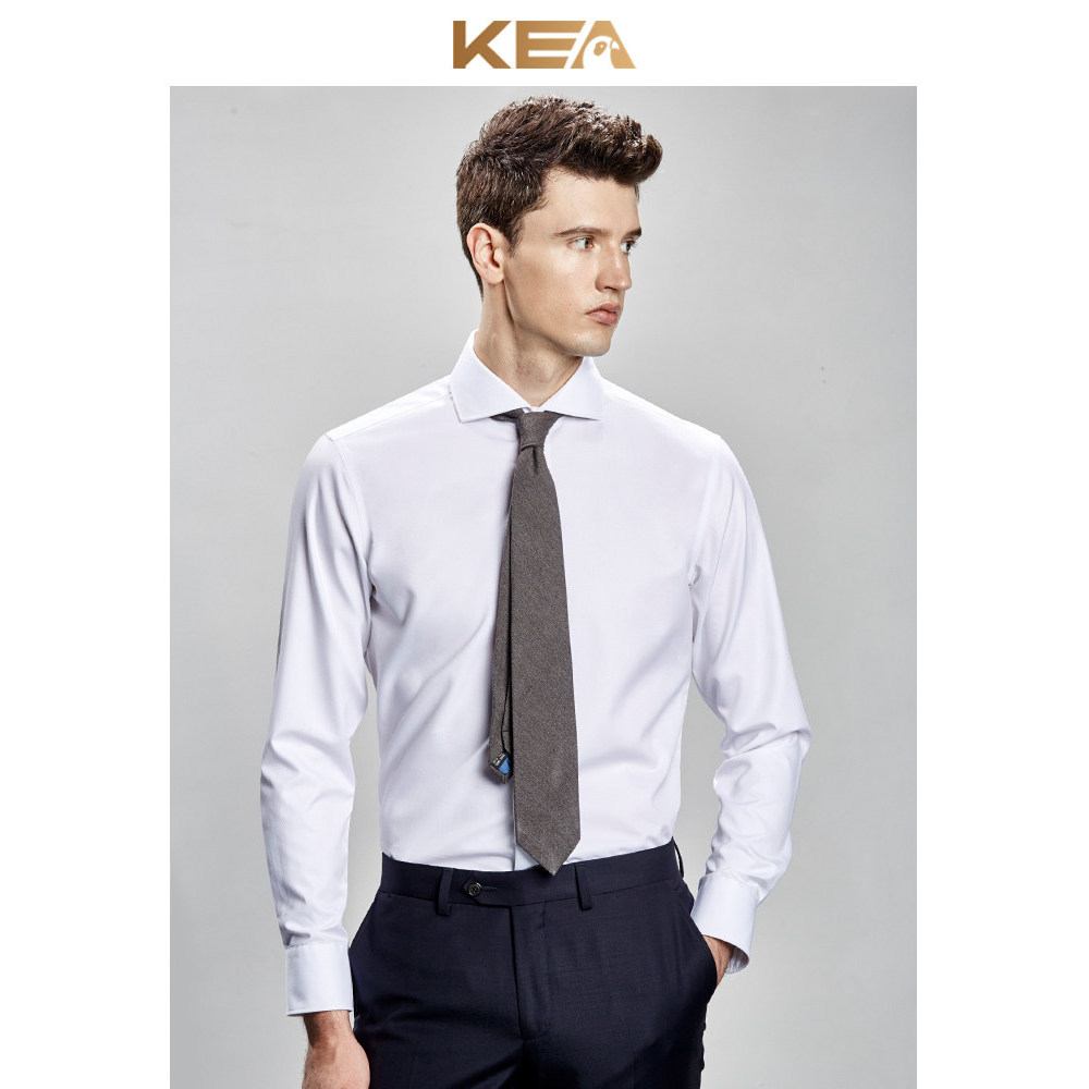 KEA camisa masculina italiana de manga comprida, cor sólida, Slim Fit, camisa de sarja de negócios, algodão puro, sem fe