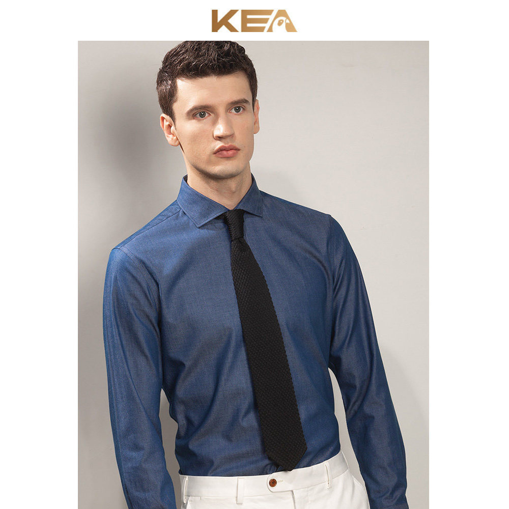 KEA Estilo Italiano Windsor Collar Denim Camisa Masculina Tecido Lavado Puro Algodão Business Azul Slim-fit Casual Manga