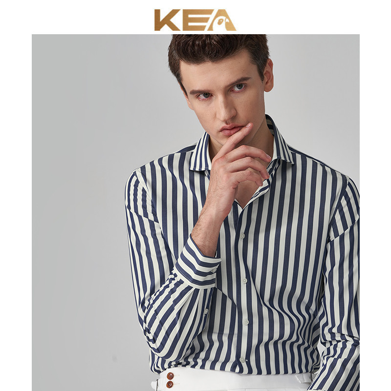 Camisa masculina KEA de manga comprida, Casual, Formal, listras marinhas, gola Windsor, Slim fit, Anti @