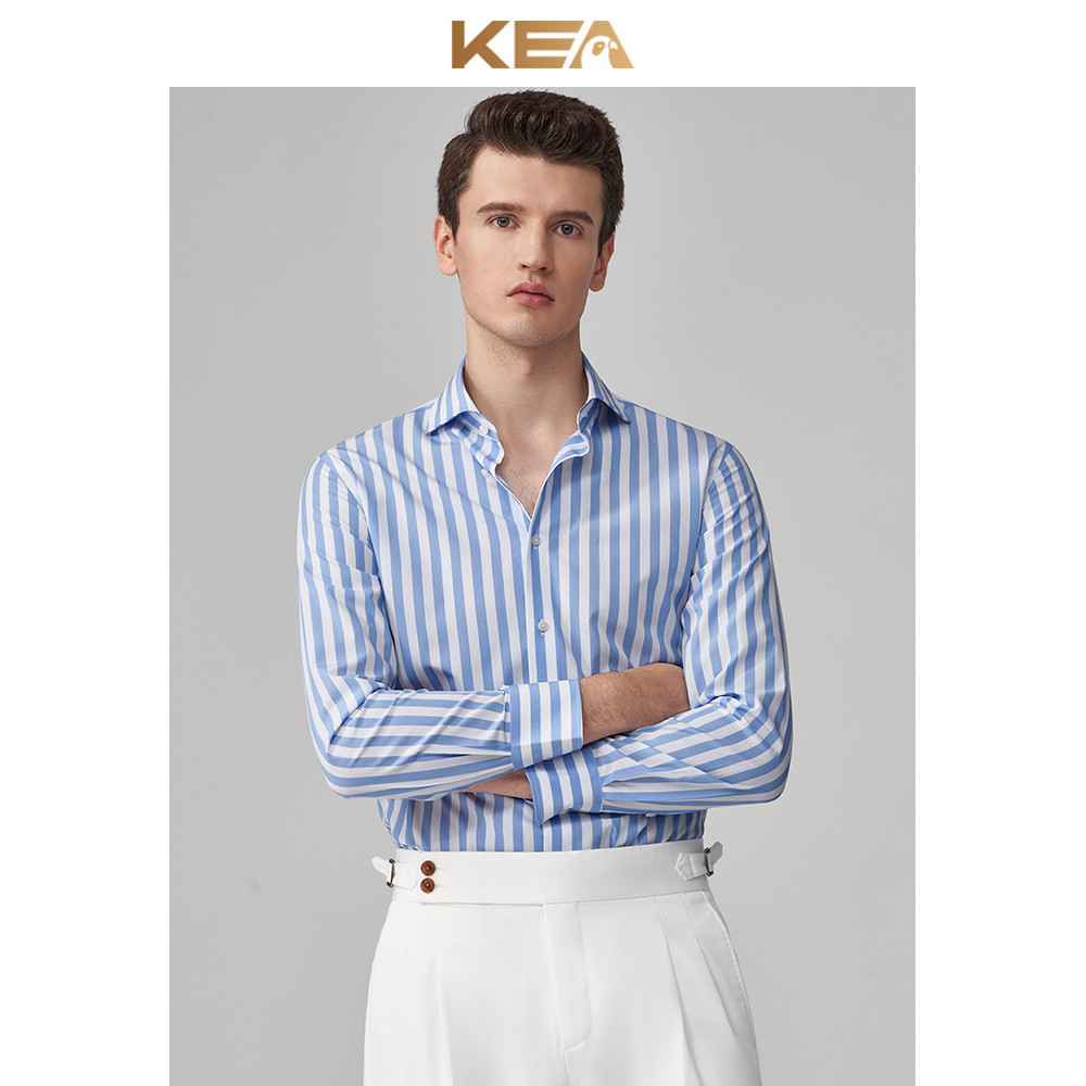 KEA Camisa masculina de manga comprida Slim fit algodão puro listras azuis claros negócios Casual profissional Anti-ruga
