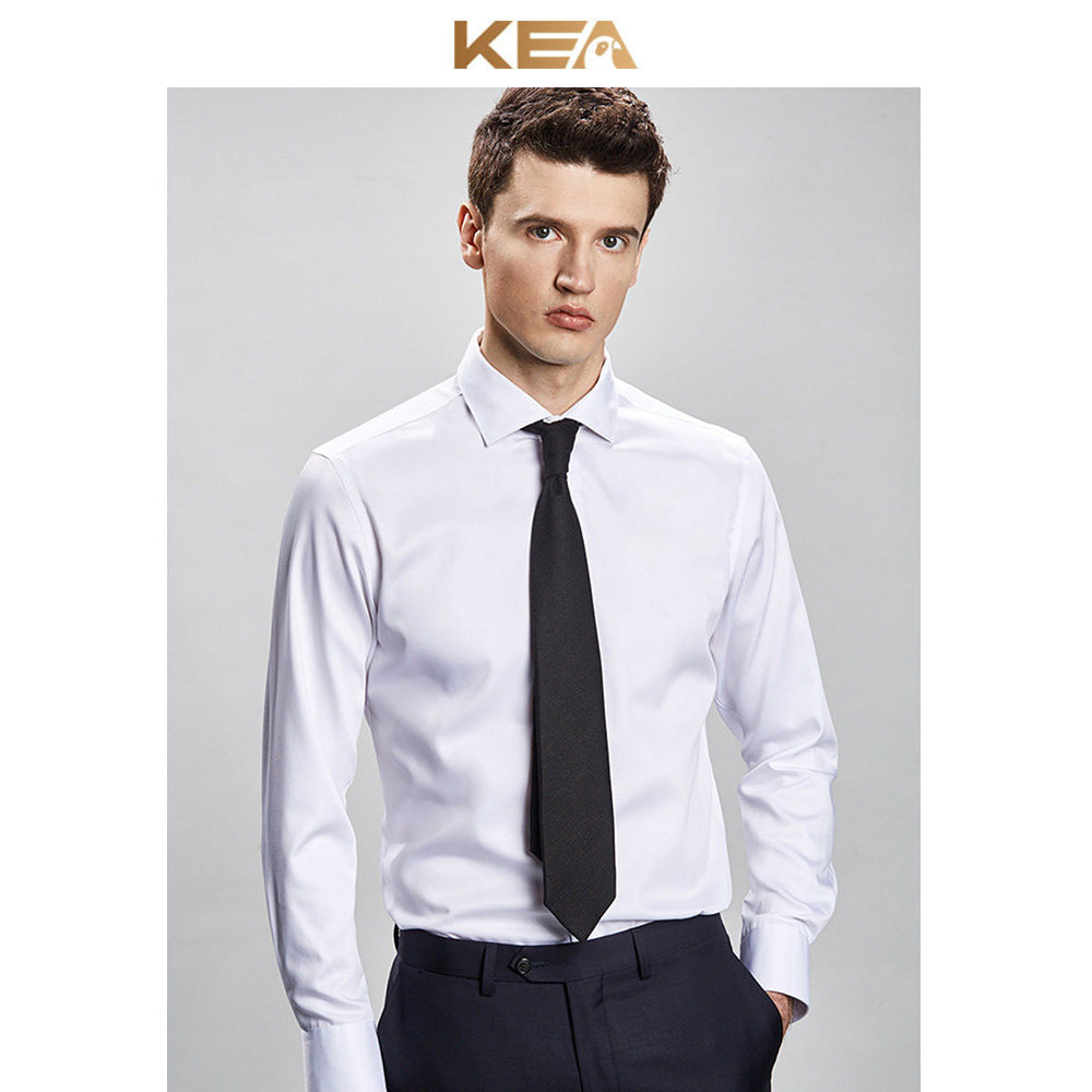 KEA Camisa masculina de manga comprida de algodão mercerizado branco Slim fit cor sólida gola Windsor roupa Formal de ne