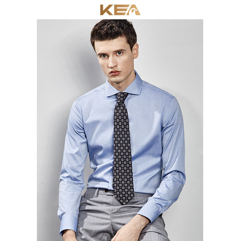 KEA Windsor Collar 80 Camisa giratória Oxford de fio duplo masculina de manga comprida Slim-fit Business Azul Puro Algod