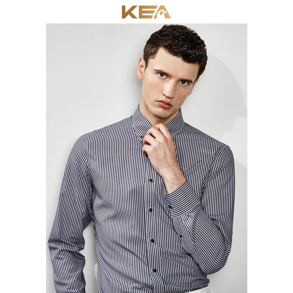 KEA Camisa Masculina Italiana Manga Longa Slim-fit Listrado Botão Gola Apontada Juventude Negócios Camisa Casual Algodão
