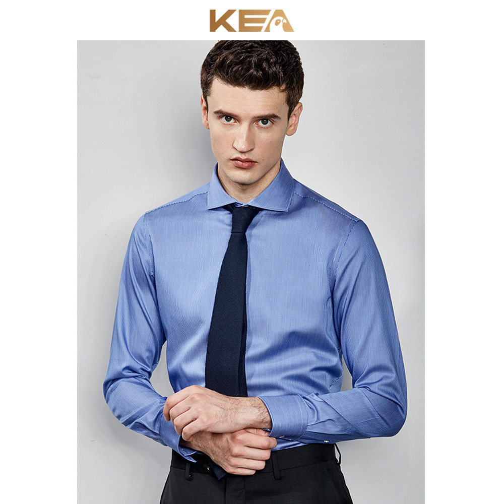KEA Camisa masculina italiana de manga comprida, Casual, listrada azul, Slim fit, algodão puro, não ferro, gola Windsor