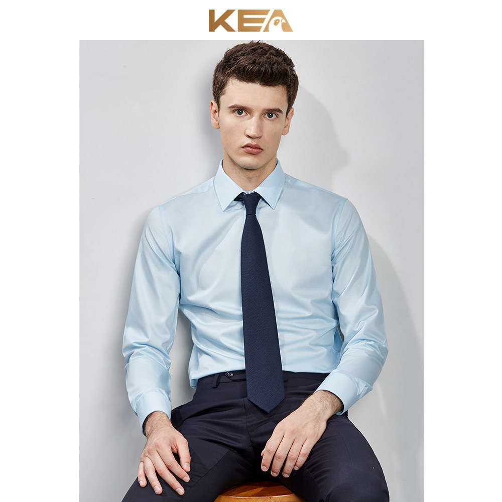 KEA Camisa masculina Casual de negócios Formal, manga comprida, lapela justa, tecido liso, ferramentas, camisa azul clar
