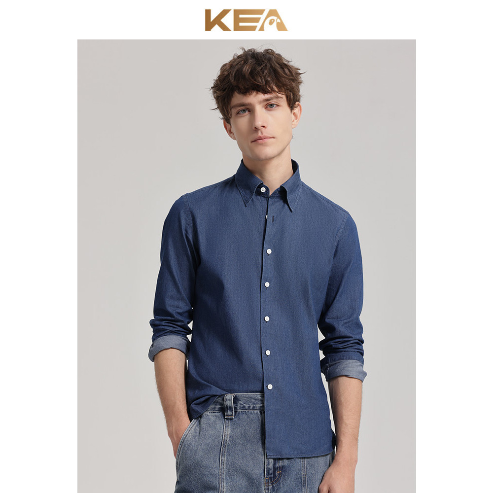 KEA Camisa jeans italiana azul masculina de manga comprida antirrugas lavável sem ferro camisa Casual masculina de manga