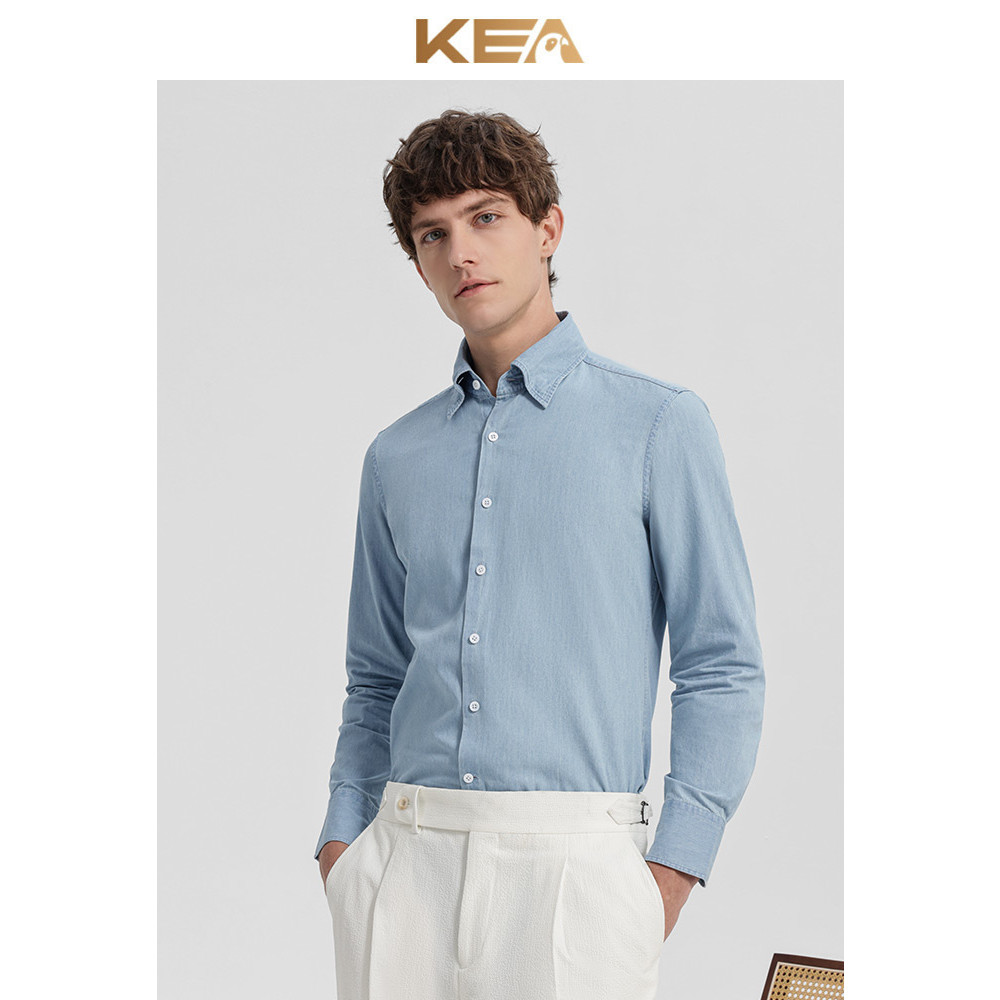 KEA Denim camisa azul puro algodão lavado Retro camisa de manga comprida masculina sem ferro High-End camisa Casual masc