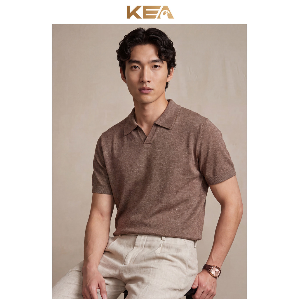 Camisa polo de malha KEA masculina fina Slim fit manga curta com decote em V Design Casual cor sólida lapela meia @-