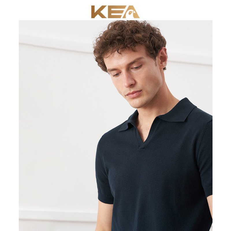 KEA Camisa polo de malha italiana masculina de negócios Casual fundo puro algodão com decote em V azul marinho manga cur