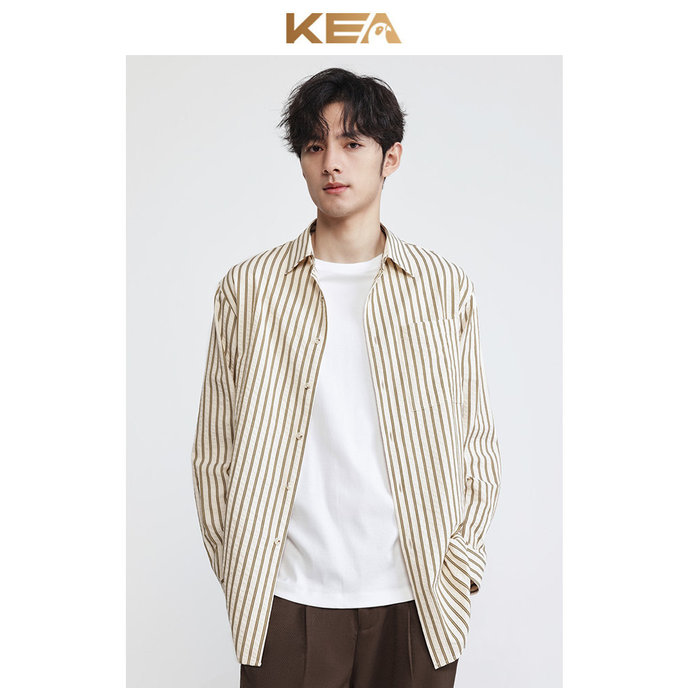KEA Retro listrado camisa masculina de alta fixação Casual solto Cardigan duro fio largo tingido espuma artesanato camis