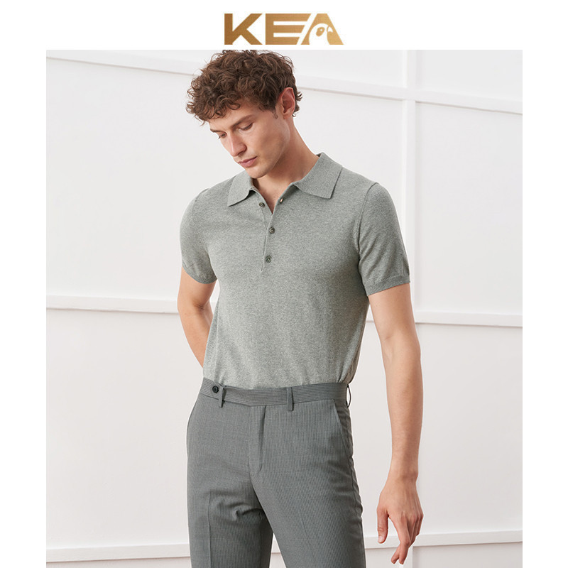 KEA Camisa polo masculina Casual de negócios italianas de algodão puro com lapela de fundo cinza claro Slim fit de manga