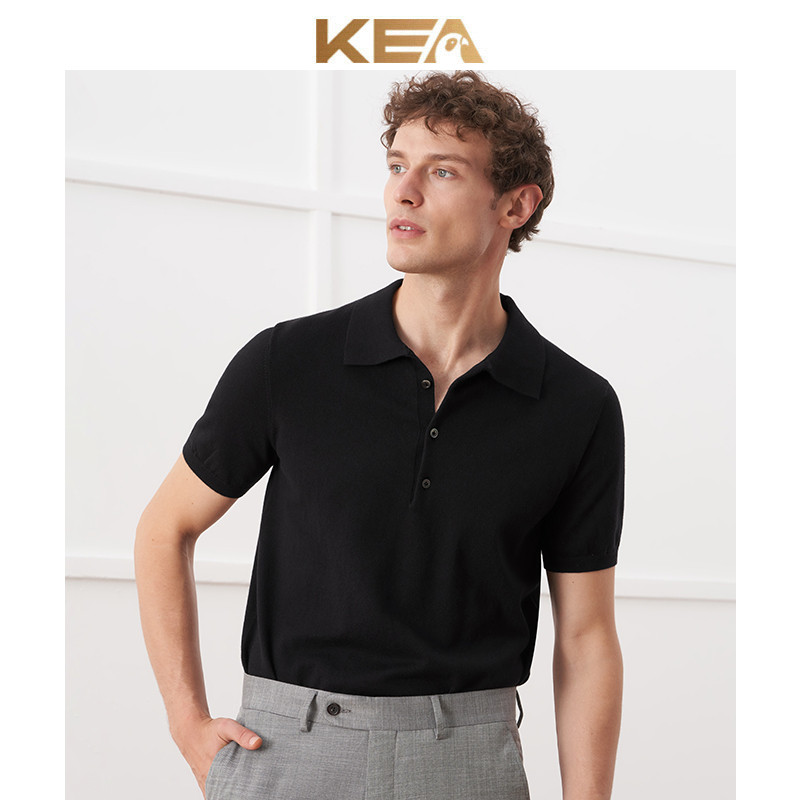 [Xinjiang Algodão de fibra longa] KEA Camisa polo masculina Casual italiana de malha Slim fit lapela preta verão manga c