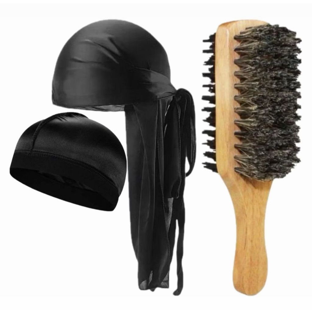Kit Bandana Durag Waves Com Touca Nero Caps E Escova Dupla Javali