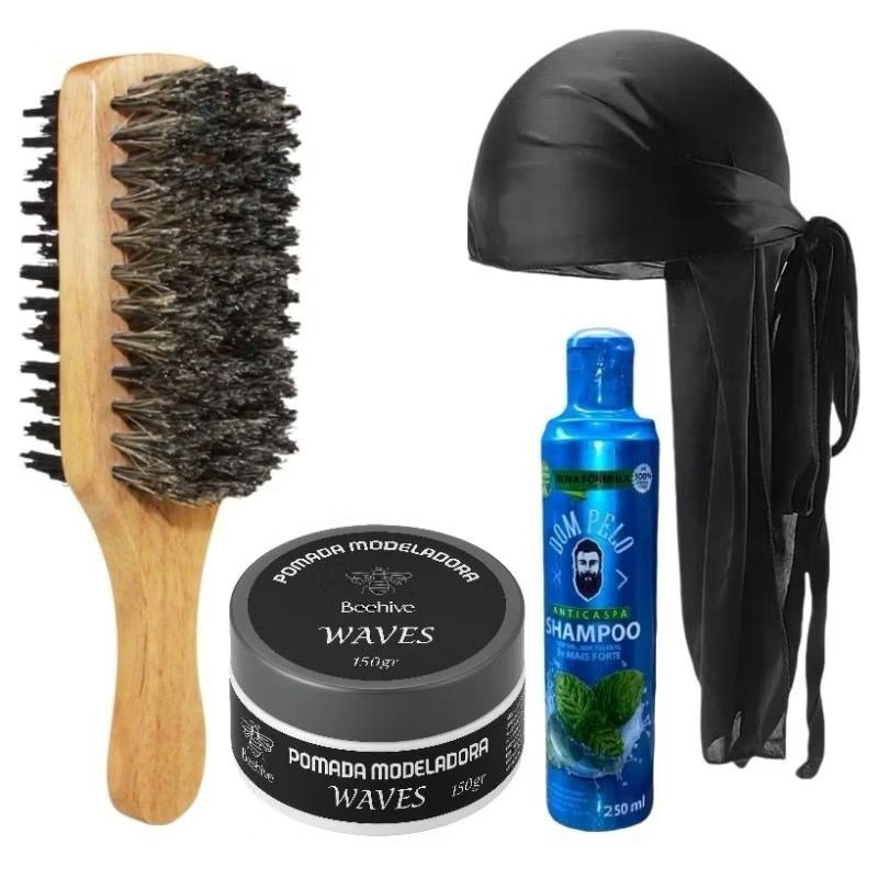 Kit Waves Masculino Completo 4 em 1 – Durag, Escova de Javali, Shampoo Anticaspa 250ml e Pomada 150G
