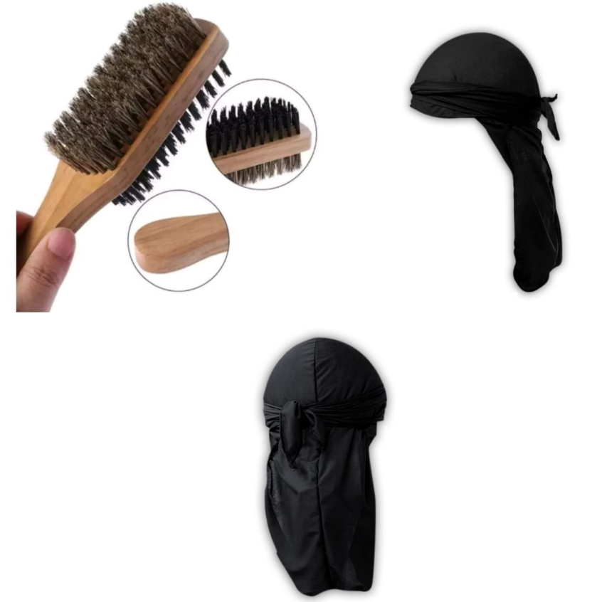 kit Waves Básico 1 Bandana Durag 1 Escova Dupla Javali, durag PRETA.