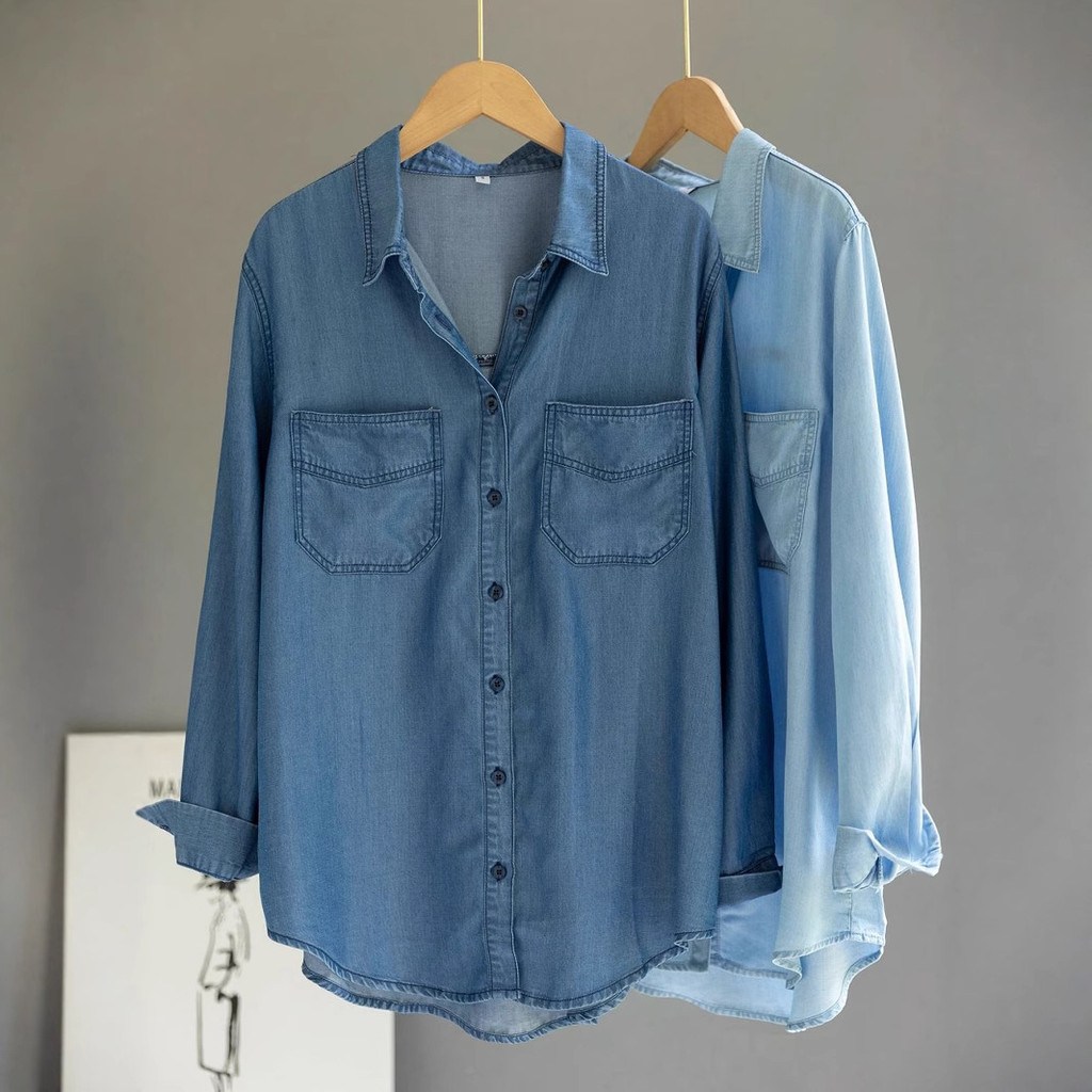 Camisa Jeans Lavada De Exportação De Alta Qualidade Feminina Design Sense Nicho Loose Fit Versátil Camadas Drape Base Co