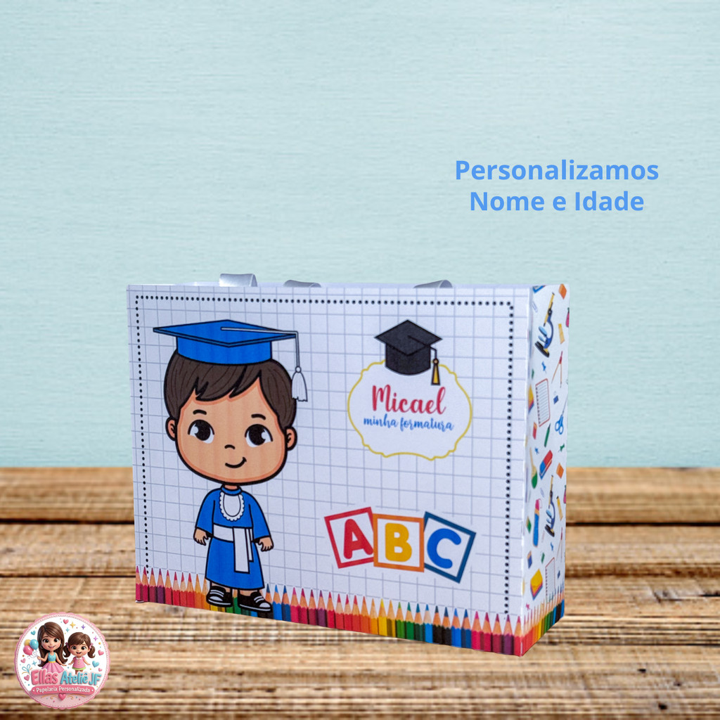 Sacolinha Surpresa Personalizada Festa FORMATURA ABC MENINO Pegue e Monte (19x15x6cm)  5 10 15 20 25 Unidades