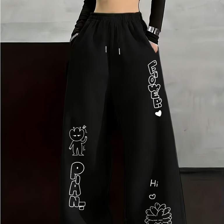Calça Wid Leg Jogguer Estampado Hip-Hop Cartoon Heart Letter Tendência Urbana Adequado para Lazer ao Ar Livre