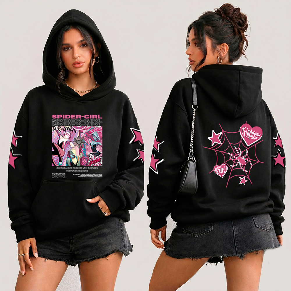Moletom Canguru Blusa de Frio Bolso com Capuz Streetwear Aranha Girl Spider Pink Heart Start Hip Hop Mulher Estilosa