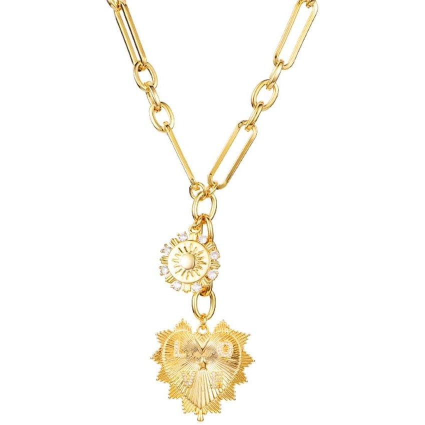 18K Gold Plated Sun Heart Pendant Necklace Minimalist Chunky Paperclip Chain Hip Hop Choker Jewelry Gold-Plated