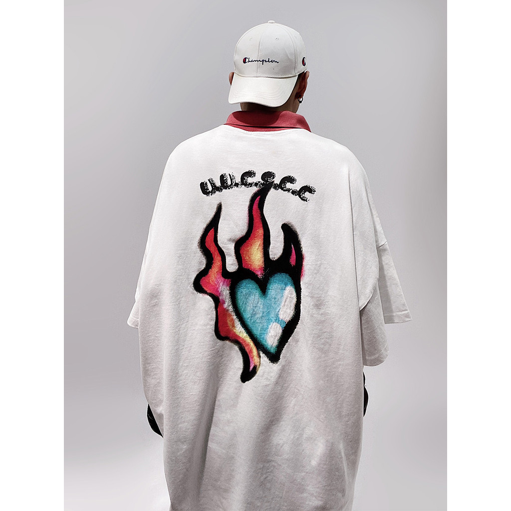 UUCSCC Street Wear Hip-Hop Heart Manga Curta Meia Manga oversize Camisa polo Solta Americana Meia Manga T @