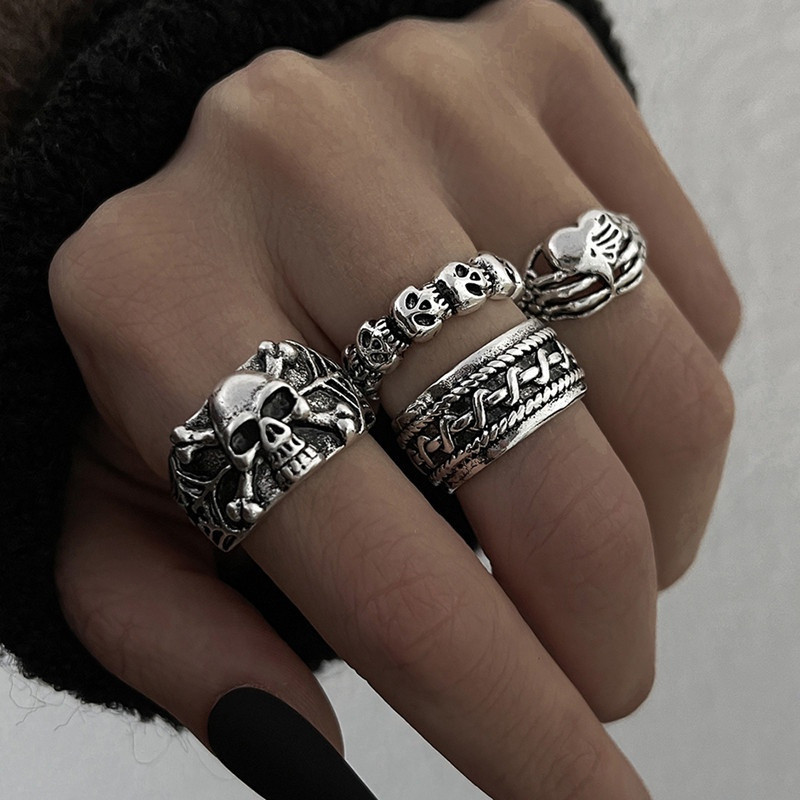 Conjunto De Anéis Geométricos De Jóias Hip Hop Vintage Skull Poker Heart Ring Para Mulheres Ocos Acessórios