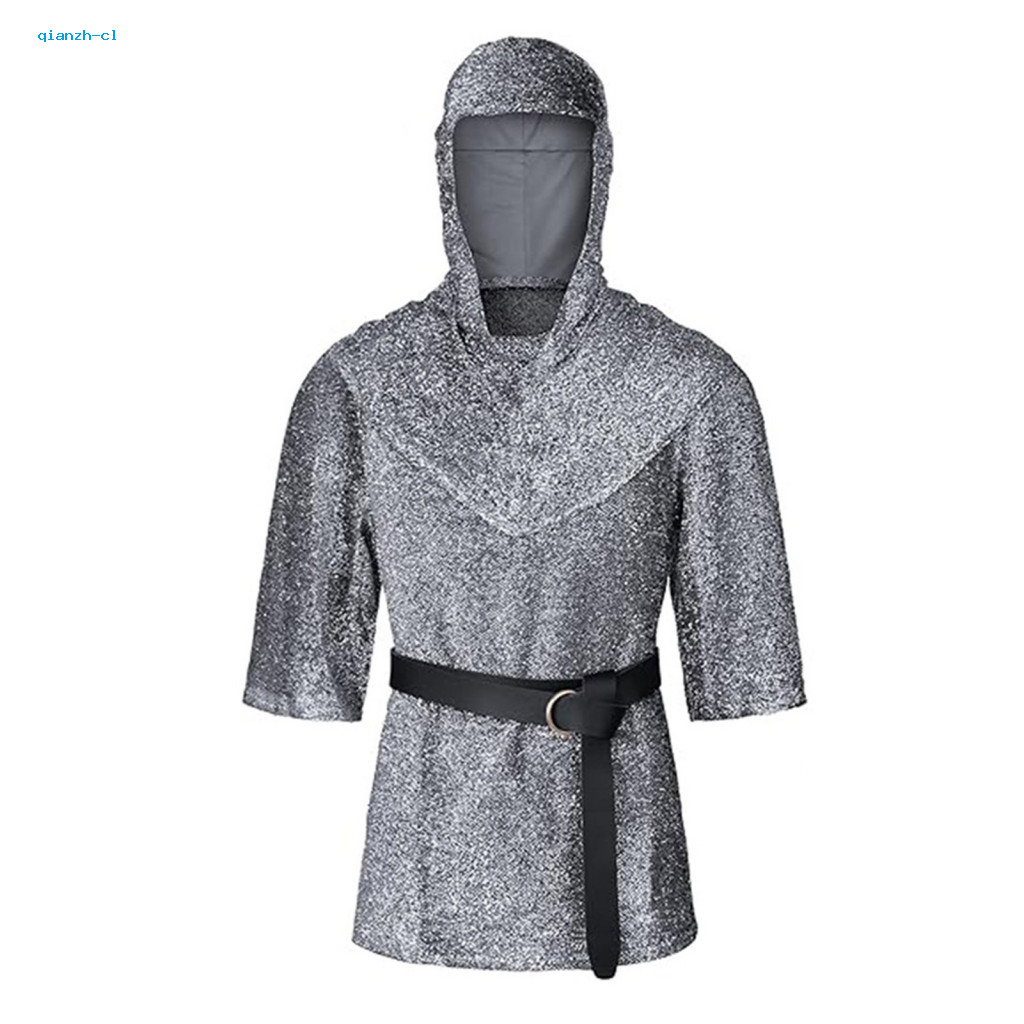Halloween Costume Props Adult Hooded Cape 4pcs Templar Knight Cosplay Set Chainmail Shirt Outfit Armor Suit for Men Wome