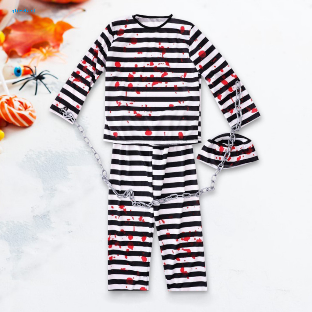 Role-play Jumpsuit 4pcs Halloween Prisoner Costume Set for Adults Kids – Striped Robe Pants Hat Chain Classic Role-pla