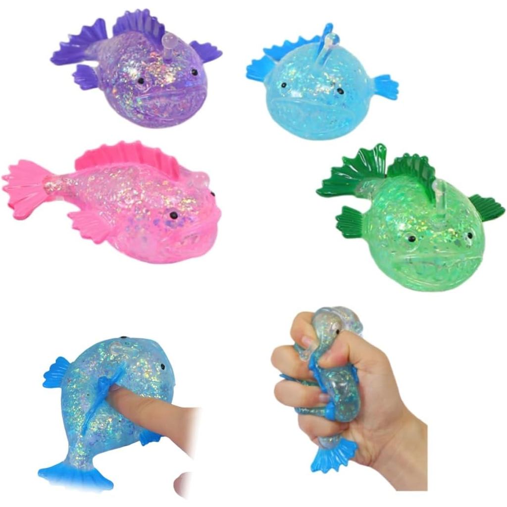 4Pcs Glitter Anglerfish Sculpture Sensory , Stress Relief Squeeze Ball Collection for Adults & Teens, Birthday Easter Se