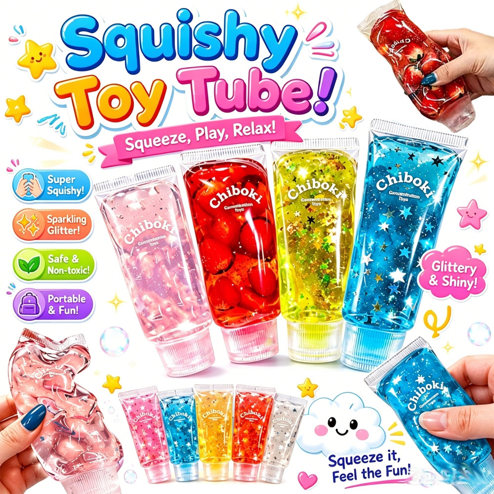 4Pcs Glitter Toothpaste Squishy Stress Relief Toy Fruit Filled Deformable ASMR Fidget Toys for Adults Anti Stress Birthd