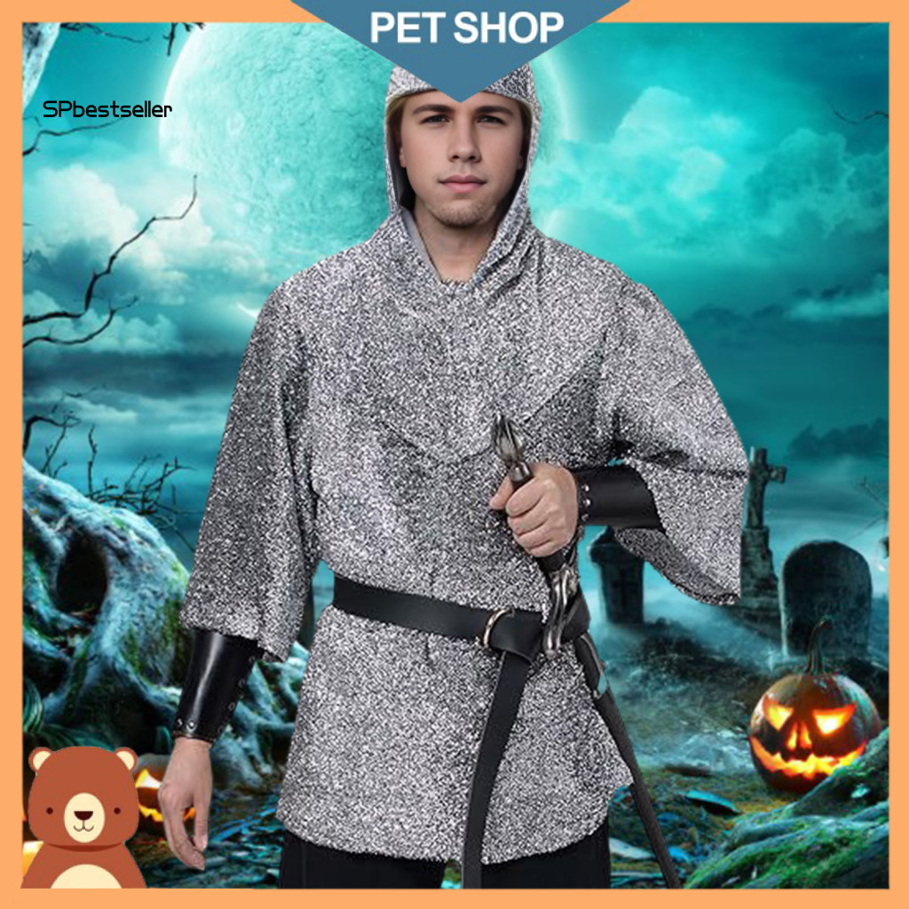 Adult Hooded Cape Costume Party Attire 4pcs Templar Knight Cosplay Set Chainmail Shirt Halloween Outfit Armor Suit for M