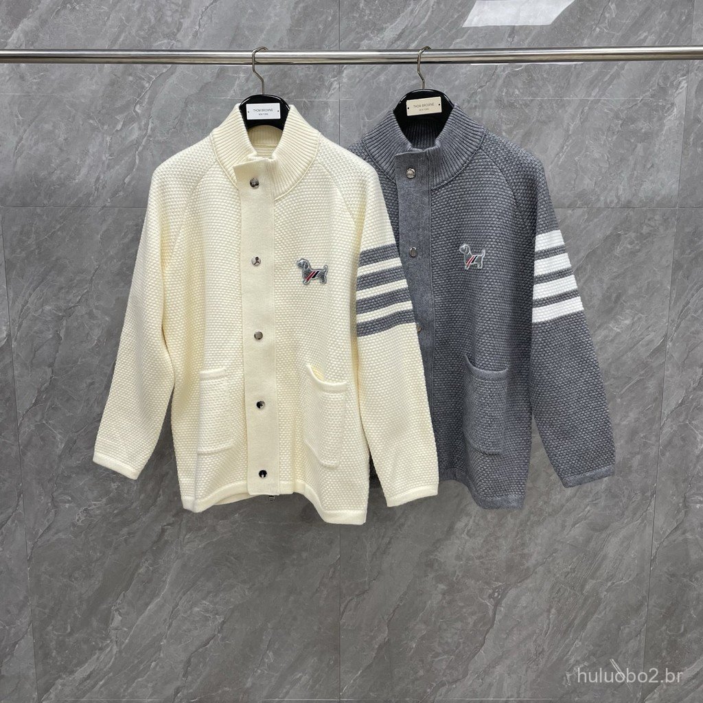 BWY0 New autumn and winter style four-stripe knit sweater with dog embroidery on the chest, single-breasted, stand-up co