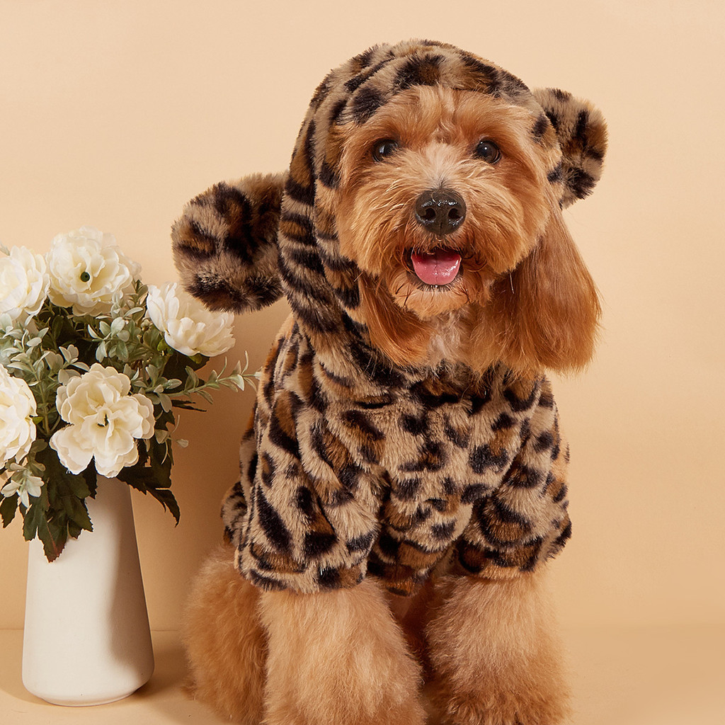 Cozy Winter Plush Leopard Print Pet Sweater for Small/Medium Dogs & Cats - 100% Polyester Knit Pullover with Hood, Warm