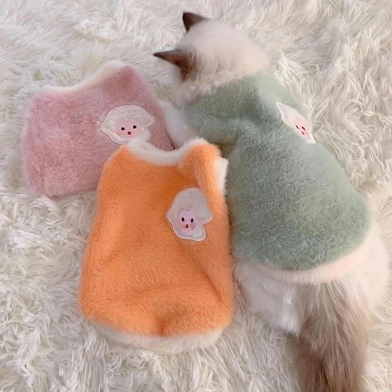 Cute Cartoon Embroidery Warm Fluffy Fleece Pet Vest Soft Plush Cat Dog Sweater for Small Dogs Cats Kitten Puppy Winter A