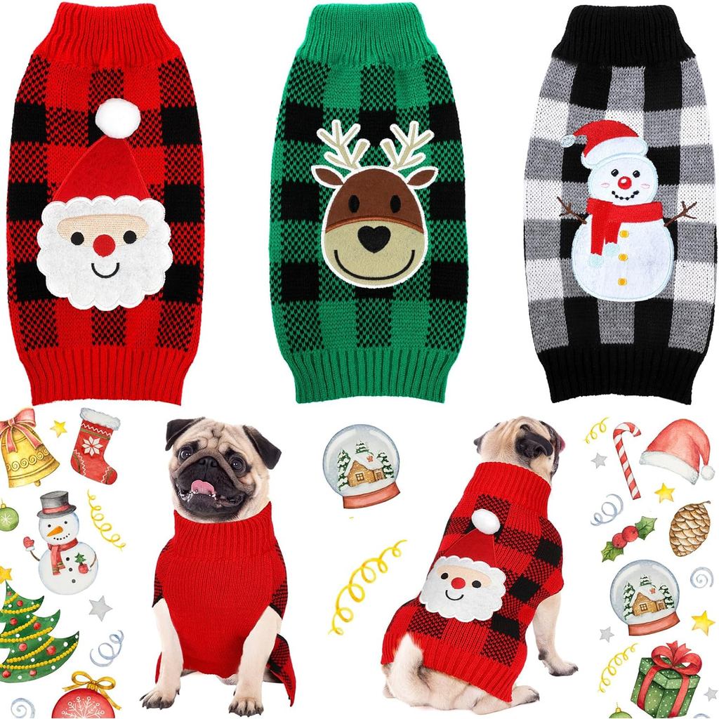 Sanwuta 3 Pack Dog Christmas Sweater, Santa Reindeer Snowman Knitted Sweaters for Dogs, Christmas Holiday Xmas Winter Pa