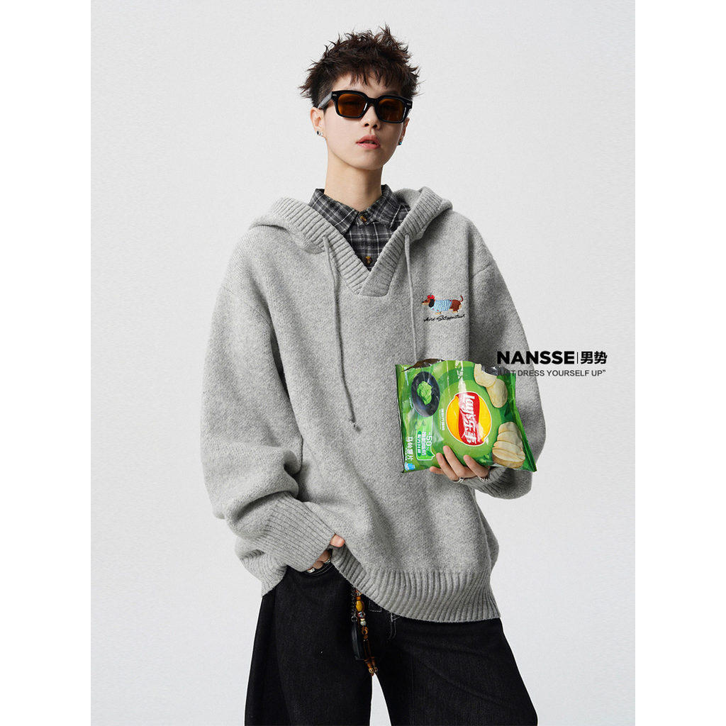 Street Wear pesado Dachshund cão bordado camisola com capuz masculino inverno preguiçoso solto Casual quente casal camis
