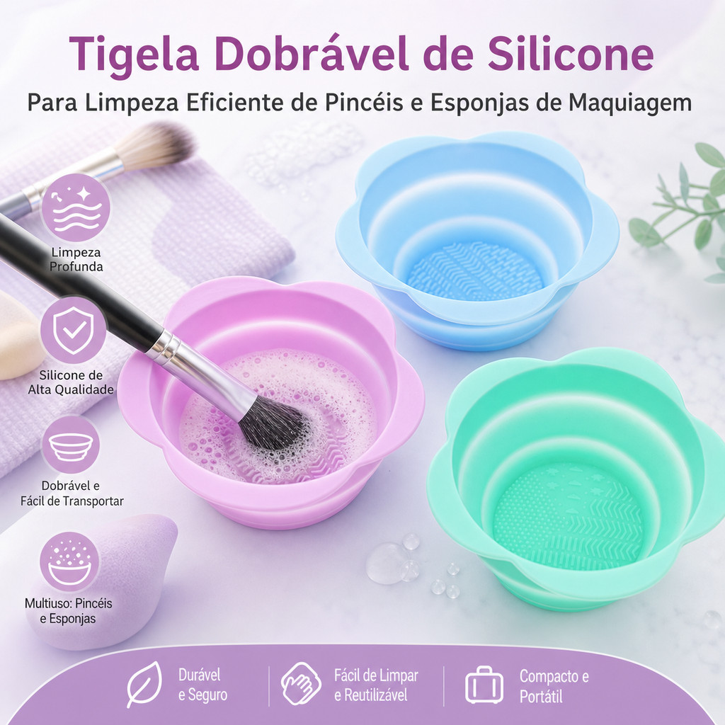 Tigela E Tapete De Limpeza De Pincel De Maquiagem De Silicone Macio Colorido -Fácil De Limpar Armazenar