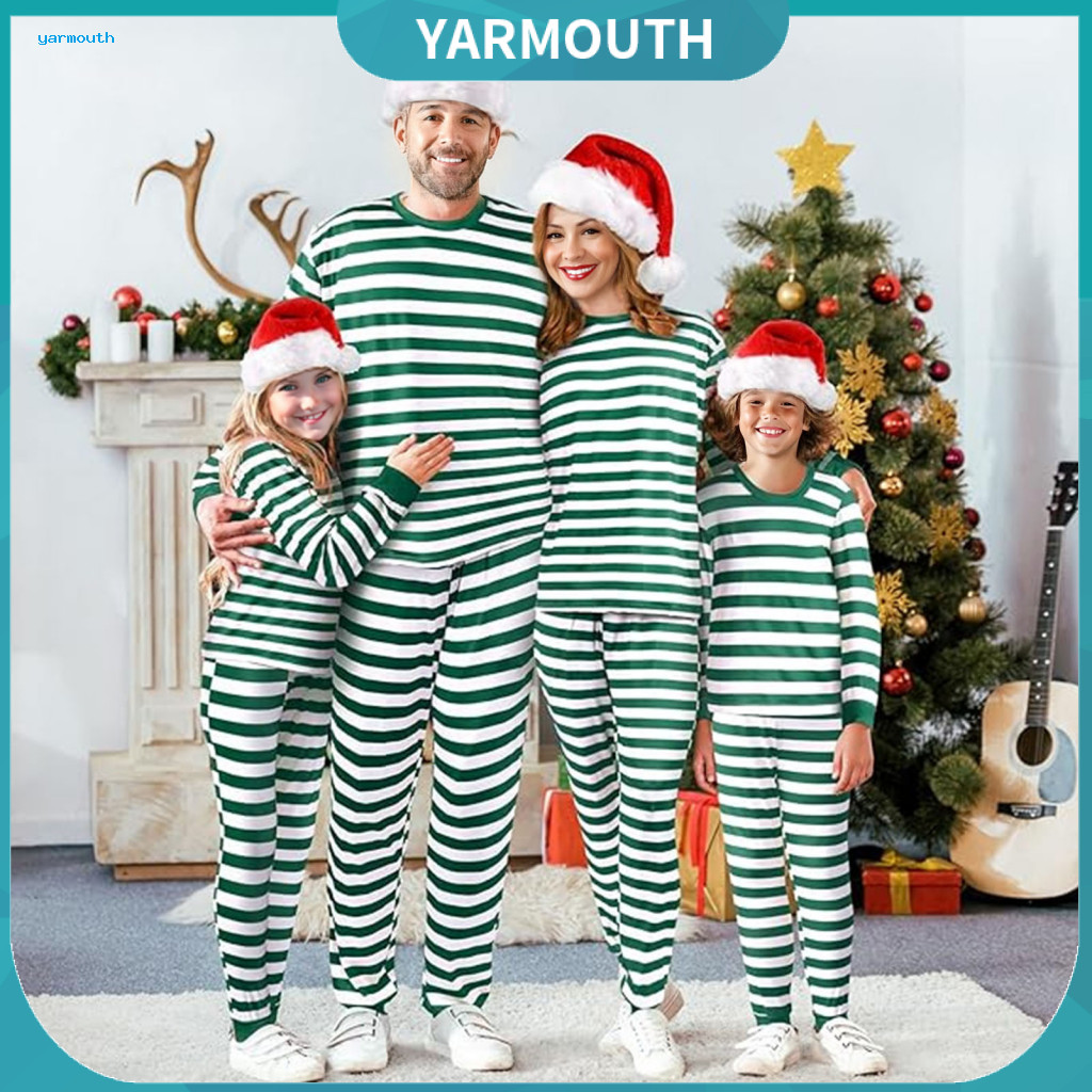 Winter Indoor Wear Matching Family Christmas Pajamas Set – 2-piece Striped Holiday Sleepwear for Dad Mom Kids Cozy Xma