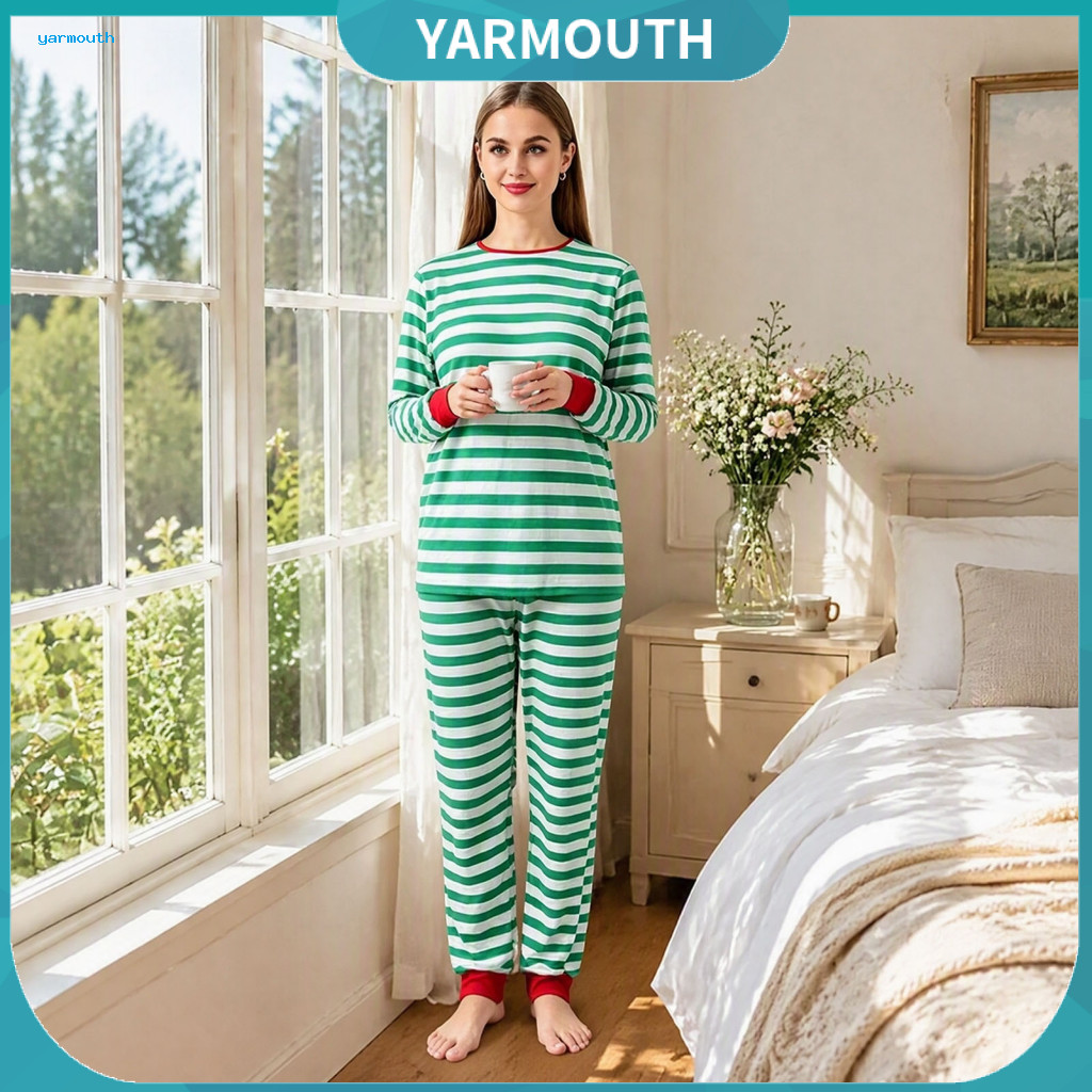Matching Family Pajamas Sets Holiday Wear Set Green White Striped Christmas 2-piece Long Sleeve Sleepwear Pjs for Men Wo