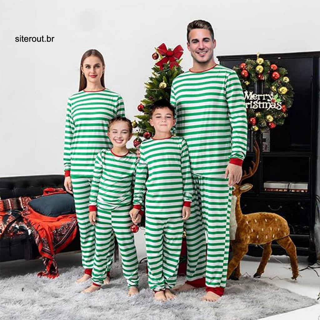 Soft Sleepwear for Winter Christmas Striped Lounge Wear Matching Family Pajamas Set Green White 2-piece Long Sleeve Pjs