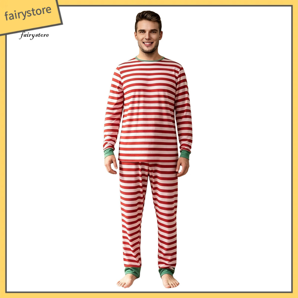 Comfortable Home Wear Winter Warm Sleepwear Family Christmas Pajamas Matching Sets – White Striped Holiday Long Sleeve