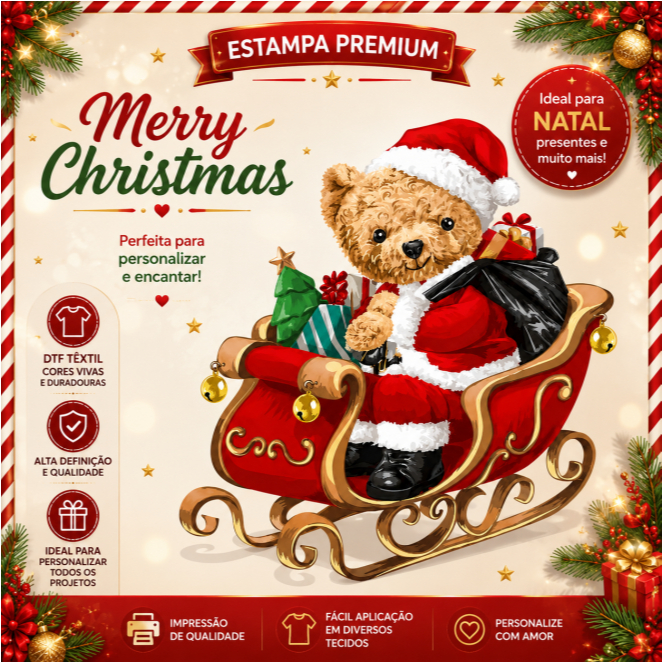 DTF TEXTIL - Bear Merry Christmas - Somente a estampa