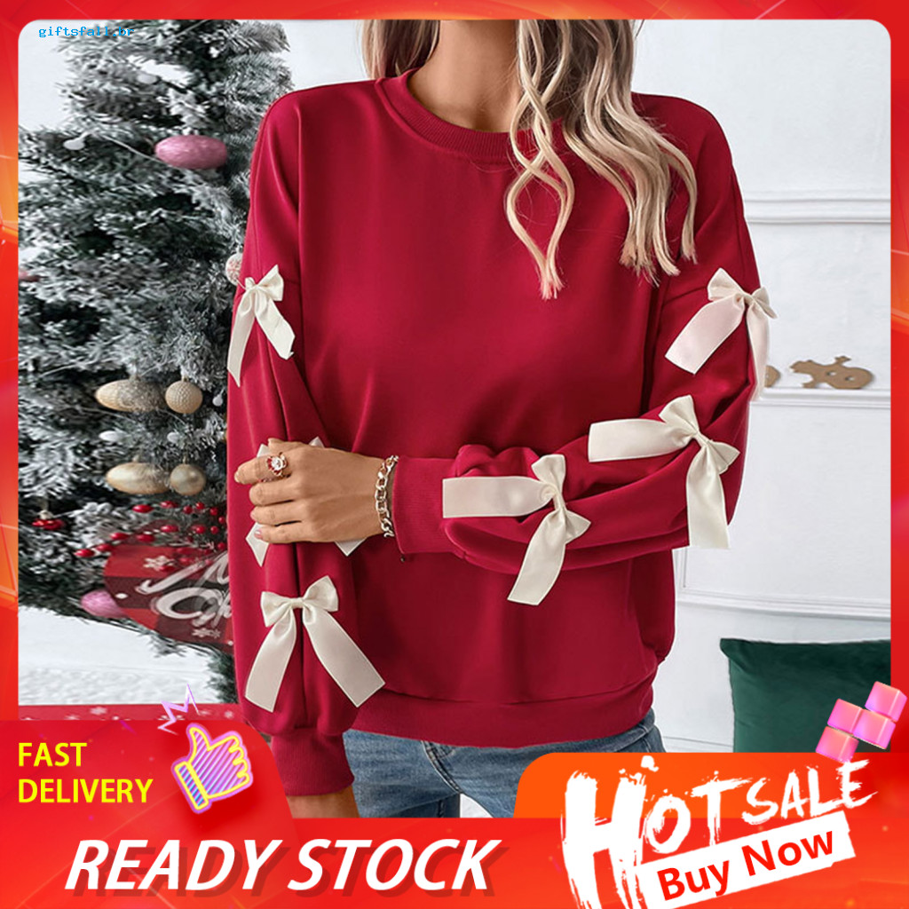 Women Sweatshirt Everyday Wear Women’s Christmas Crew Neck Long Sleeve Loose Pullover Top with Bow – Festive Holiday